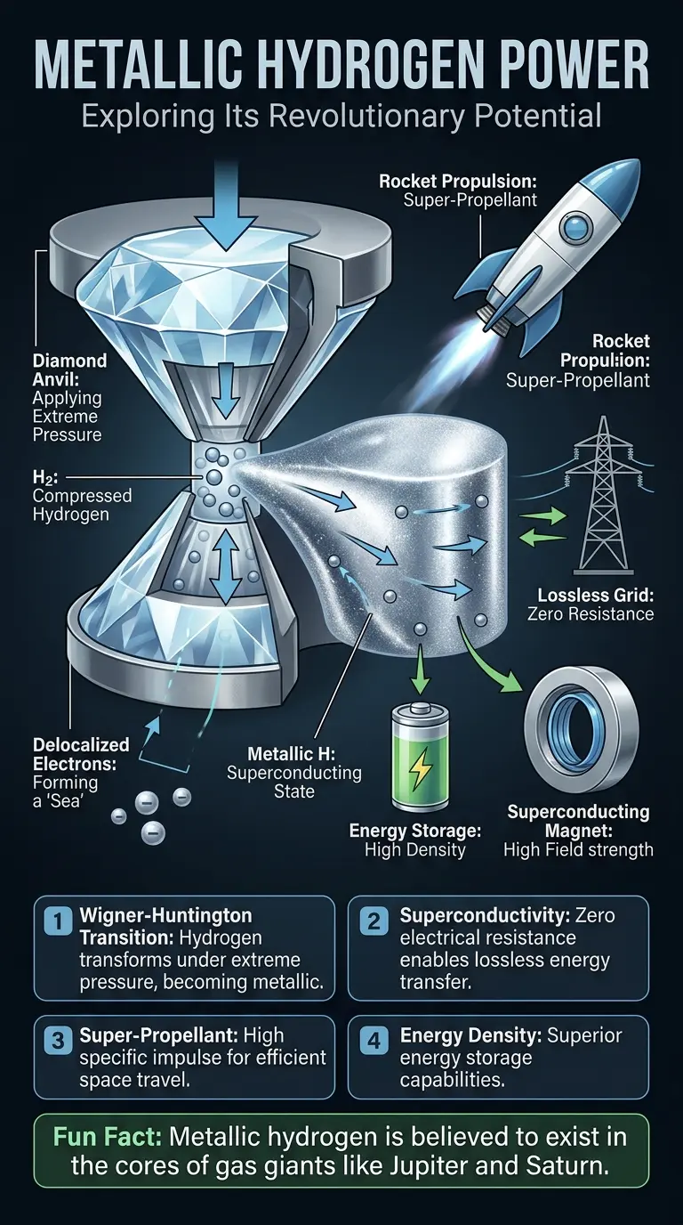 Infographic explaining metallic hydrogen, its potential for unlimited power, and applications in rocketry, superconductivity, and energy storage.