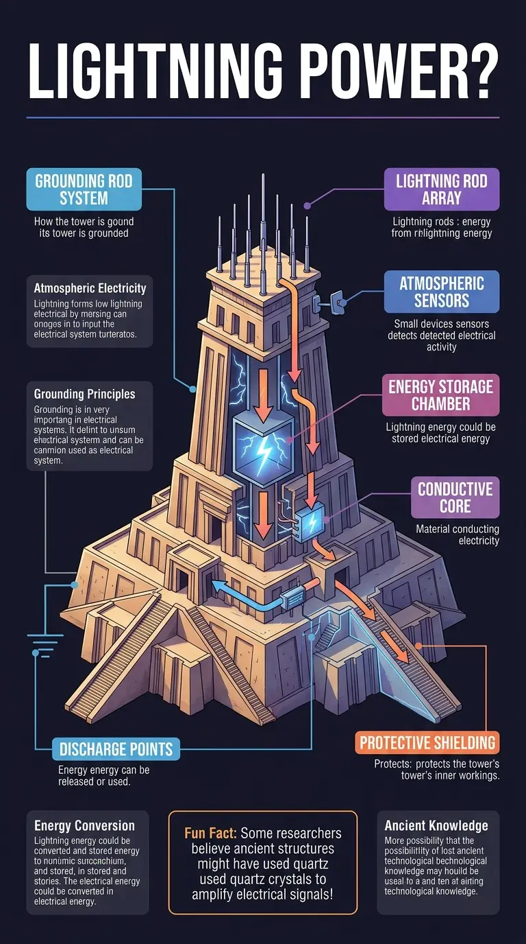 Infographic explaining the theory behind ancient towers harnessing lightning, featuring a cutaway illustration of a ziggurat with labeled components like grounding rods, energy storage chambers, and atmospheric sensors.