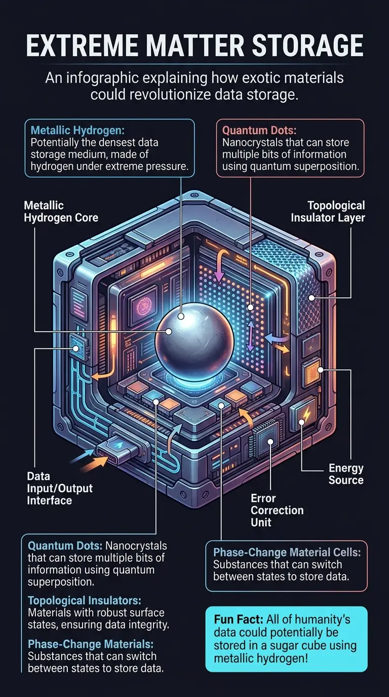 Infographic explaining how extreme matter like metallic hydrogen and quantum dots could revolutionize data storage.
