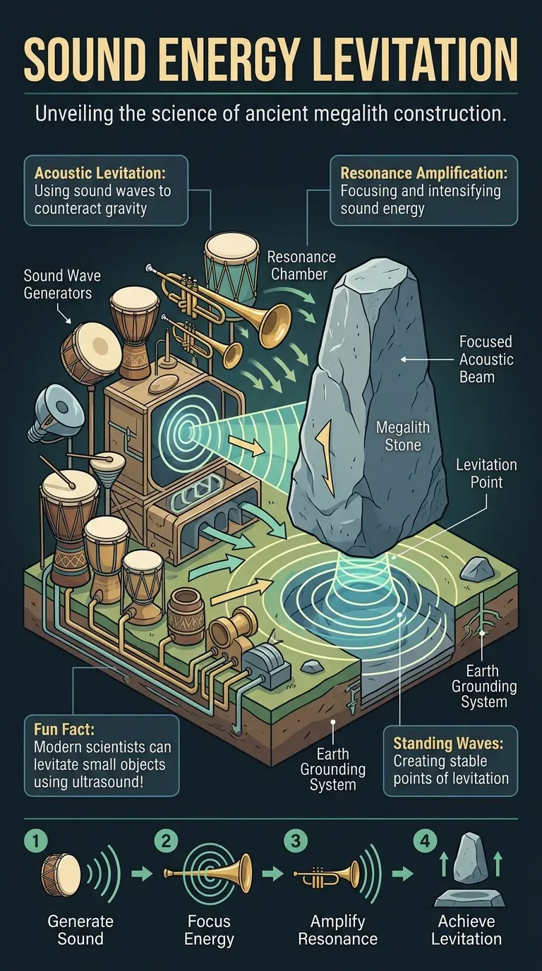 Infographic explaining the theory of acoustic levitation in ancient megalithic construction, showcasing the science and alternative theories behind building pyramids and other ancient structures.