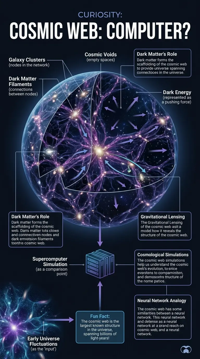 Infographic explaining the theory of the cosmic web as the universe's computer, showing its structure, components, and computational processes.