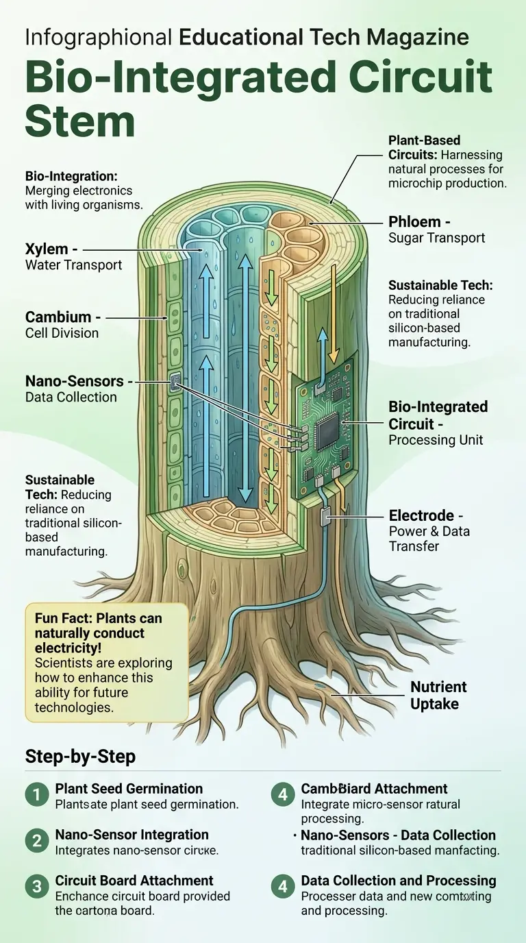 Infographic explaining how plants could be used to grow microchips, showcasing internal plant structure and labeled components with arrows indicating growth and data flow.