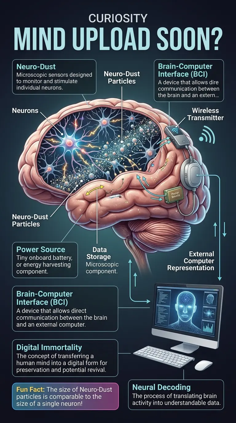 Detailed infographic explaining the concept of Neuro-Dust and its potential applications in uploading human minds for digital immortality.