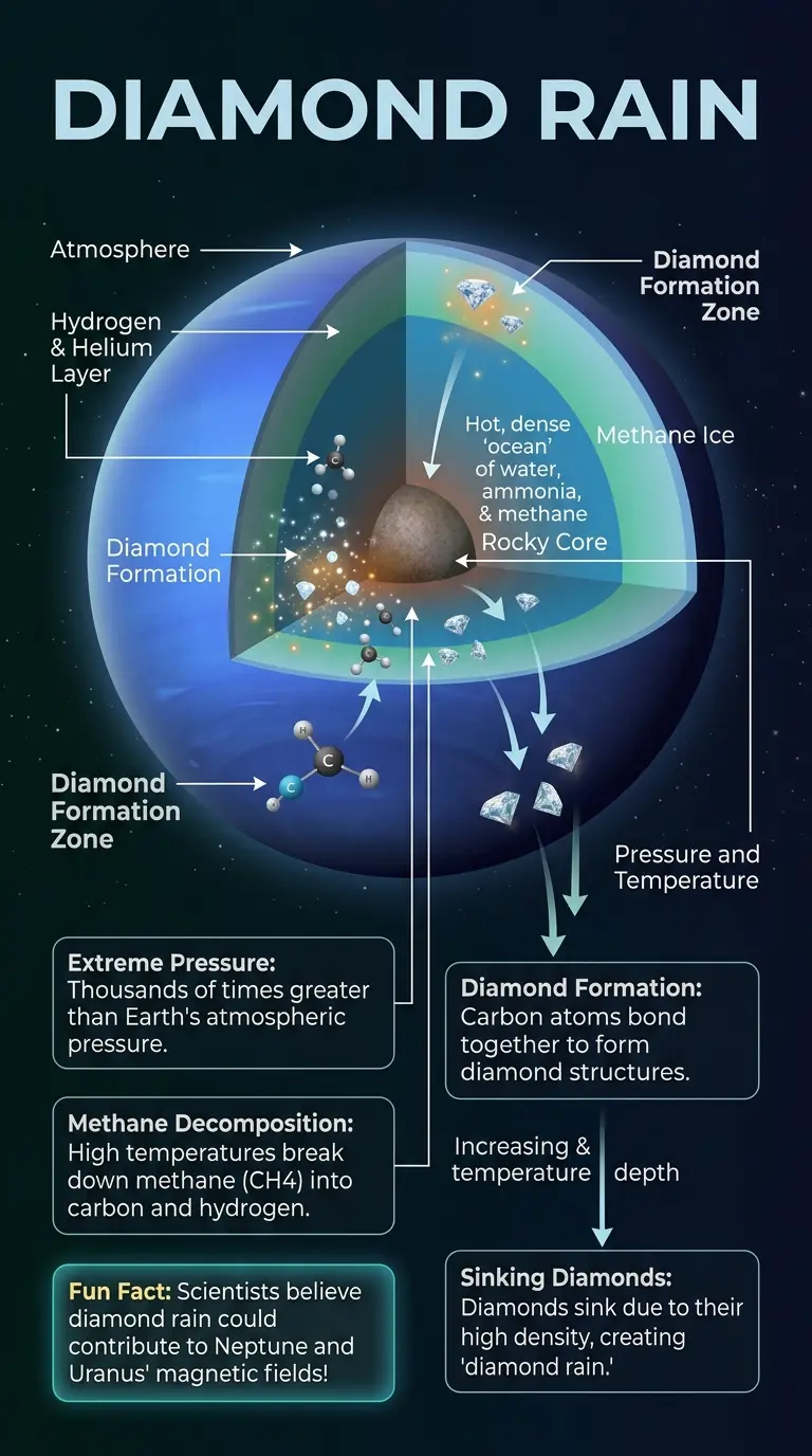 Infographic explaining the science behind diamond rain on Neptune and Uranus, showing the internal structure of the planets and the process of carbon separating from hydrocarbons under extreme pressure and temperature.