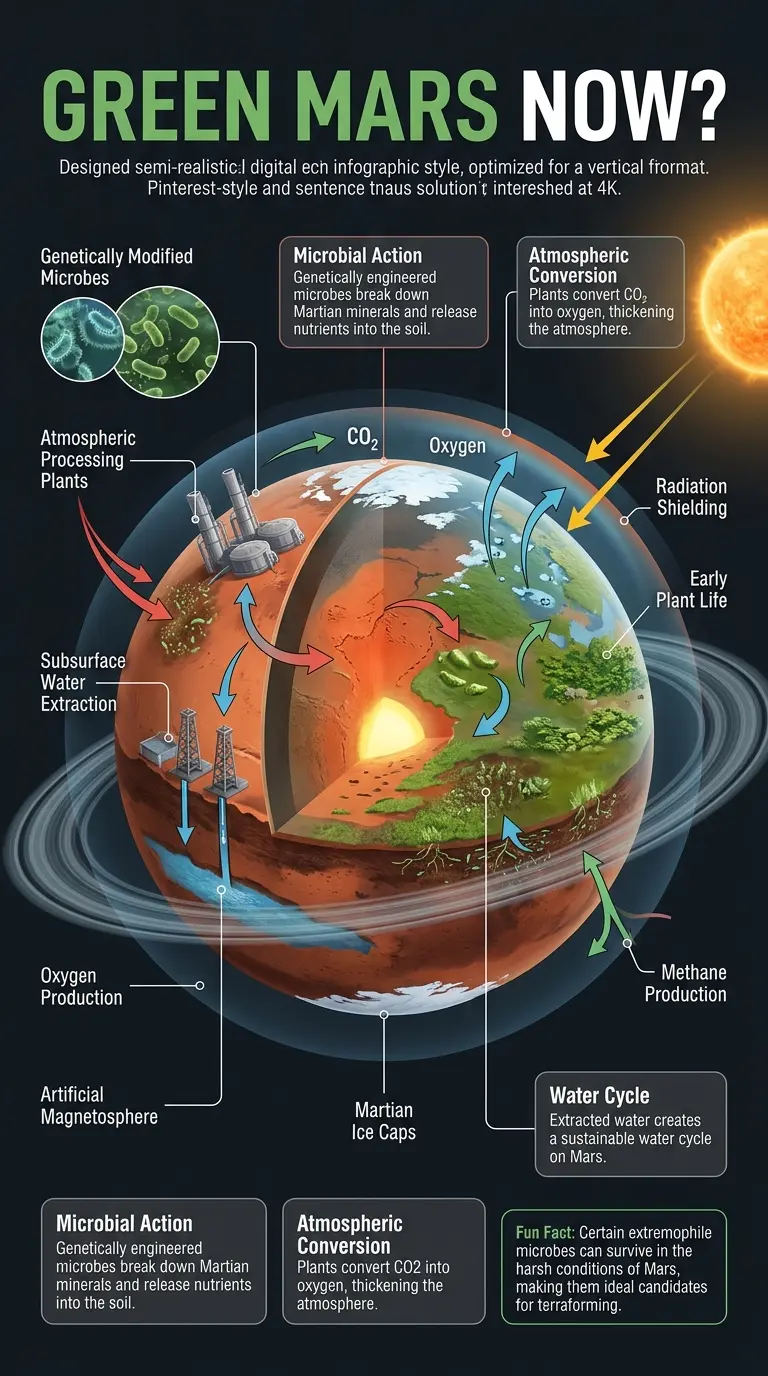 Infographic showing how microbes could be used to terraform Mars, creating a habitable environment by transforming the Martian atmosphere and soil.