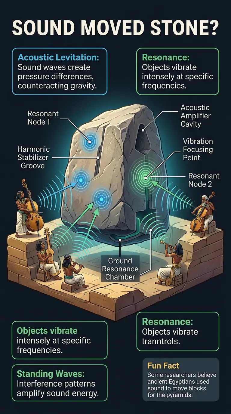 Infographic explaining the theory that ancient architects used sound to move massive stones and build megalithic structures.
