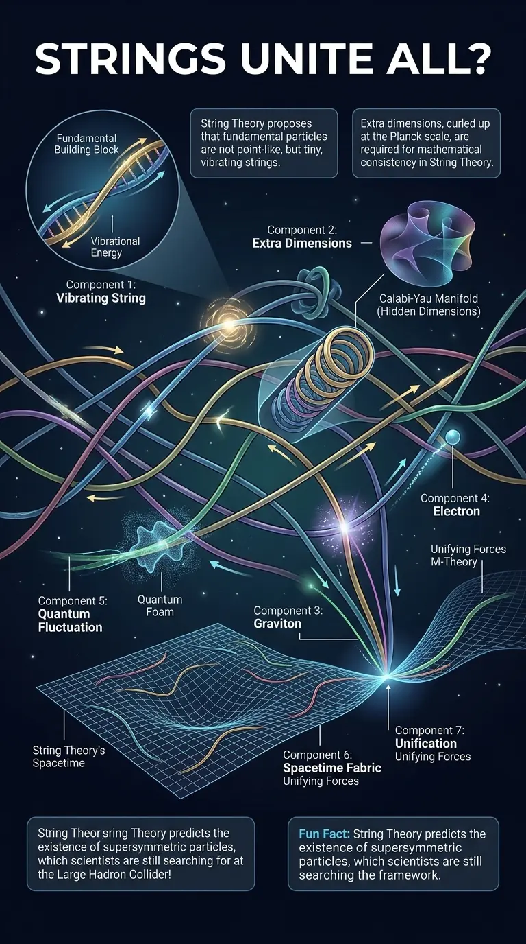Detailed infographic explaining the concept of String Theory, including vibrating strings, extra dimensions, and its potential to unify quantum mechanics and general relativity.