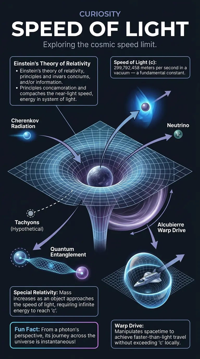 Infographic explaining the concept of the speed of light, Einstein's theory of relativity, Cherenkov radiation, tachyons, quantum entanglement, and warp drives, with a link to a detailed blog post.