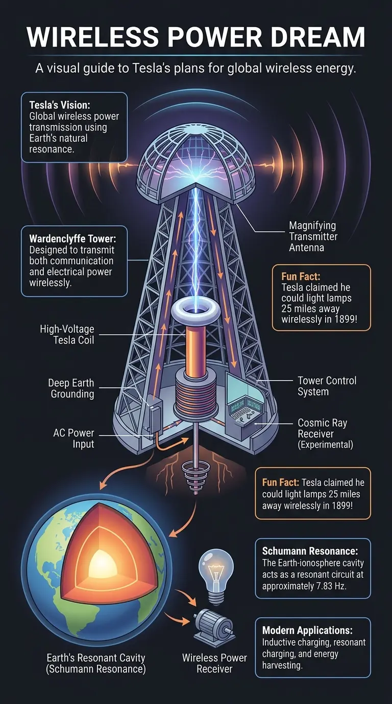 Infographic explaining Nikola Tesla's vision of wireless power transmission, including Wardenclyffe Tower, Earth resonance, and modern applications. #NikolaTesla #WirelessPower #FreeEnergy #Infographic