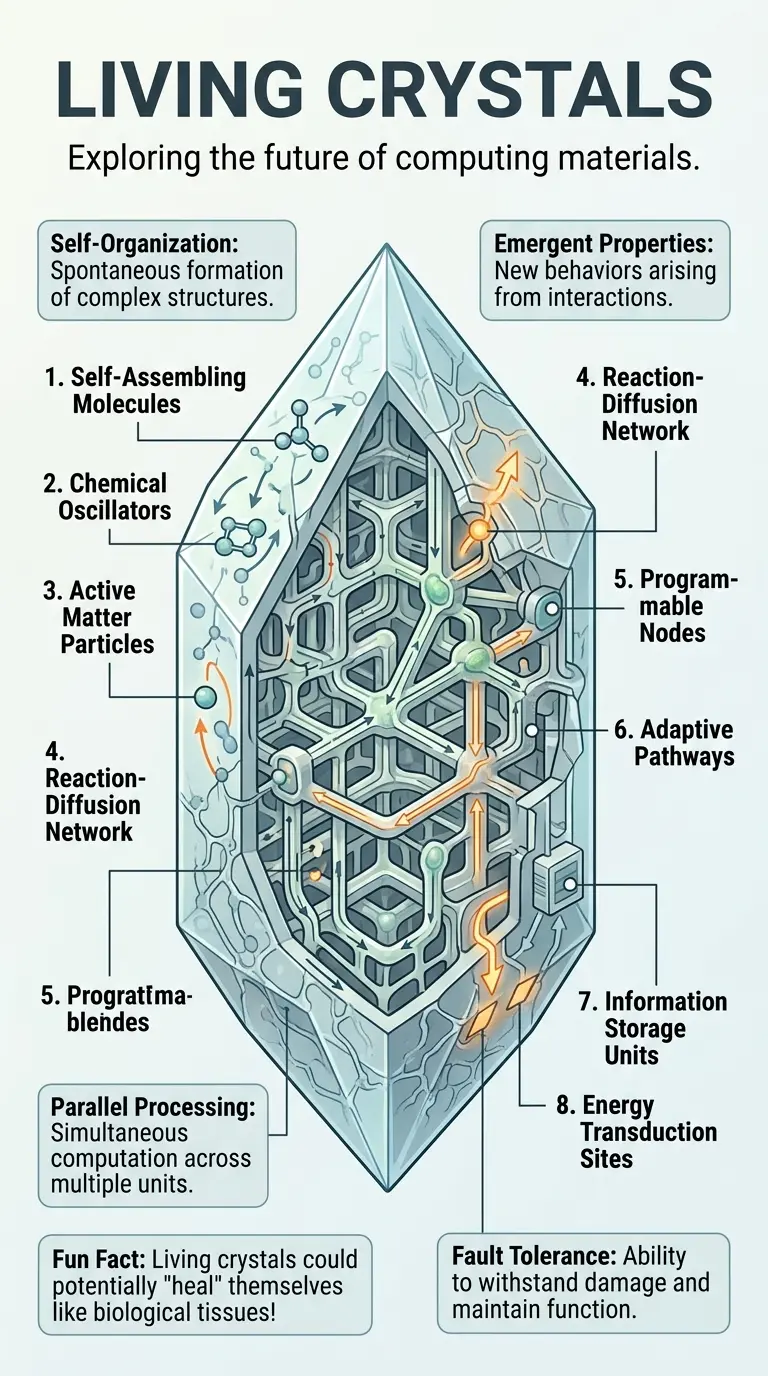 Infographic explaining the concept of living crystals and their potential use in future computing, highlighting self-organizing behavior, adaptive properties, and benefits over silicon-based computers.