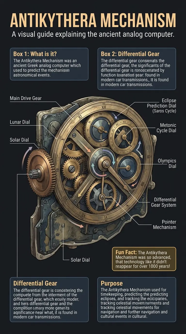 Detailed infographic explaining the Antikythera Mechanism, an ancient Greek analog computer used for astronomical calculations.
