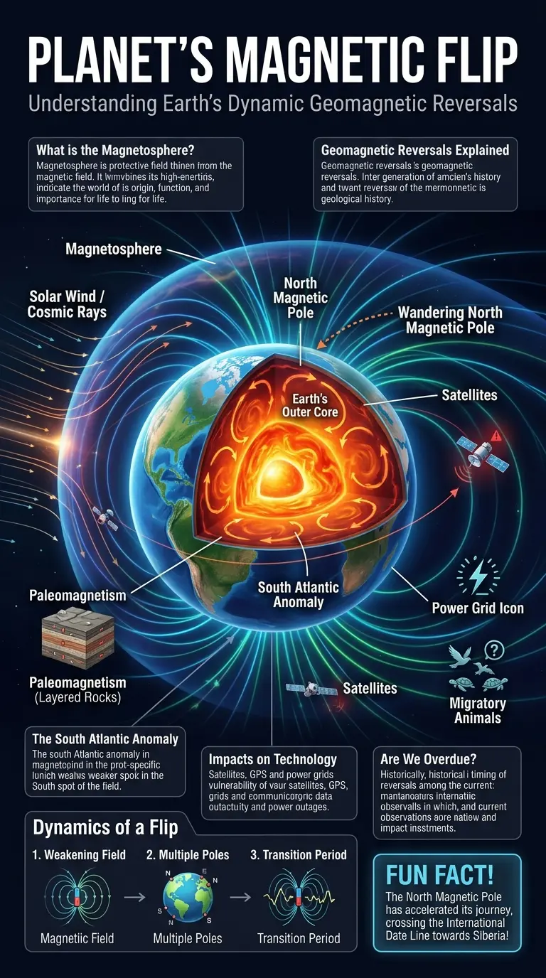 Educational infographic detailing Earth's magnetic field, its magnetosphere, and the process of geomagnetic reversals. Features a cutaway illustration of Earth's core generating the magnetic field, showing pole migration, solar wind deflection, and potential impacts on satellites, power grids, and migratory animals. Includes labeled components, directional arrows, explanation boxes, a step-by-step reversal process, and a fun fact. Designed for social media, 9:16 aspect ratio, high detail for image gallery indexing.