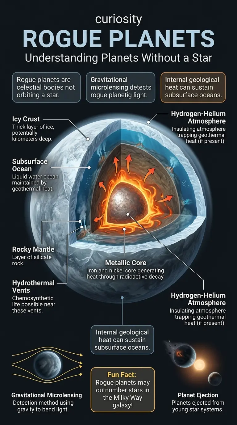 Infographic explaining rogue planets, their formation, detection methods, potential for life, and the possibility of Earth becoming a rogue planet.