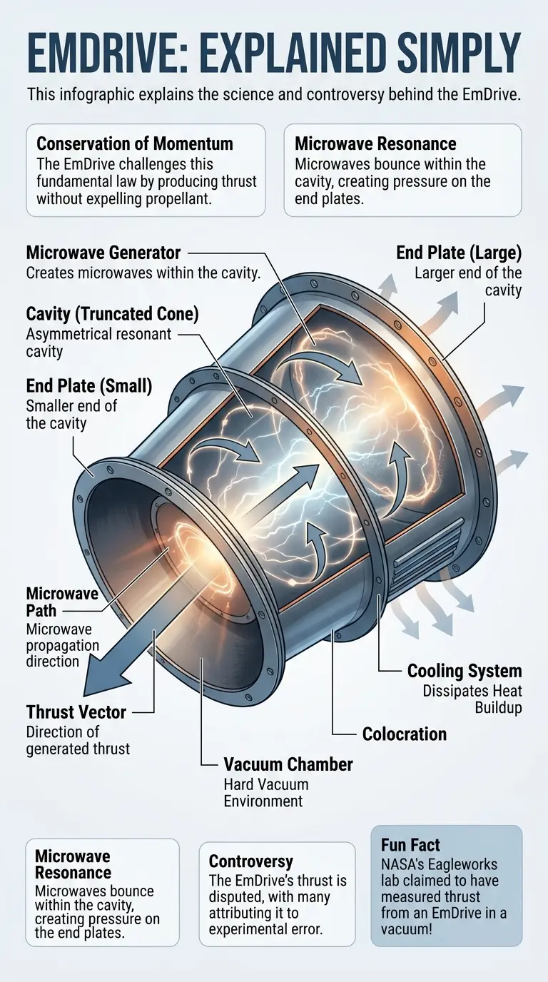 Detailed infographic explaining the EmDrive, a controversial propellantless engine, its history, physics, and potential future impact on space travel.