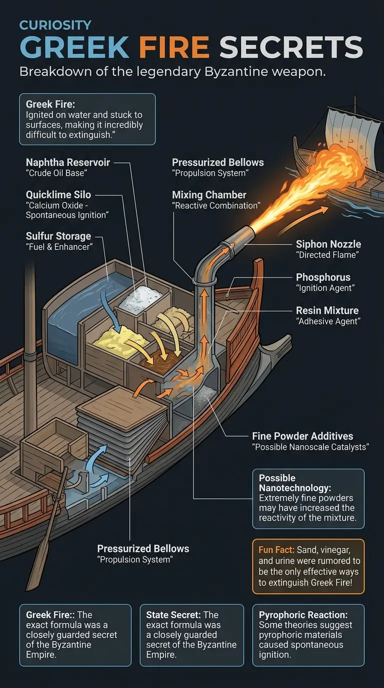 Infographic detailing the components and potential nanotechnology aspects of ancient Greek Fire.