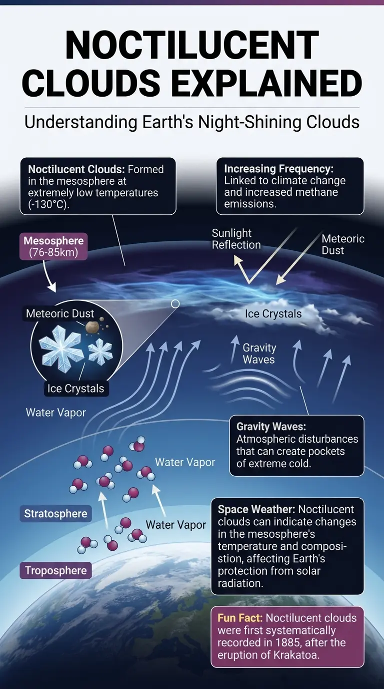Infographic explaining noctilucent clouds, their formation, increasing frequency, and connection to atmospheric physics.