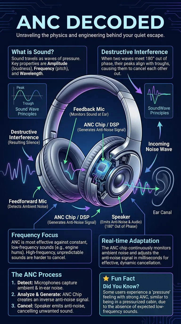 Educational infographic detailing how active noise-canceling (ANC) headphones work. Features a cutaway illustration of headphones showing internal microphones, ANC chip (DSP), and speakers. Labeled components include incoming noise waves, generated anti-noise waves, and destructive interference. Arrows illustrate the flow of sound and signals, with explanation boxes on sound waves, destructive interference, and frequency ranges. Includes a step-by-step process of ANC and a fun fact about ear pressure. Designed in a clean, professional tech magazine style with a dark background and modern color palette, optimized for vertical viewing.
