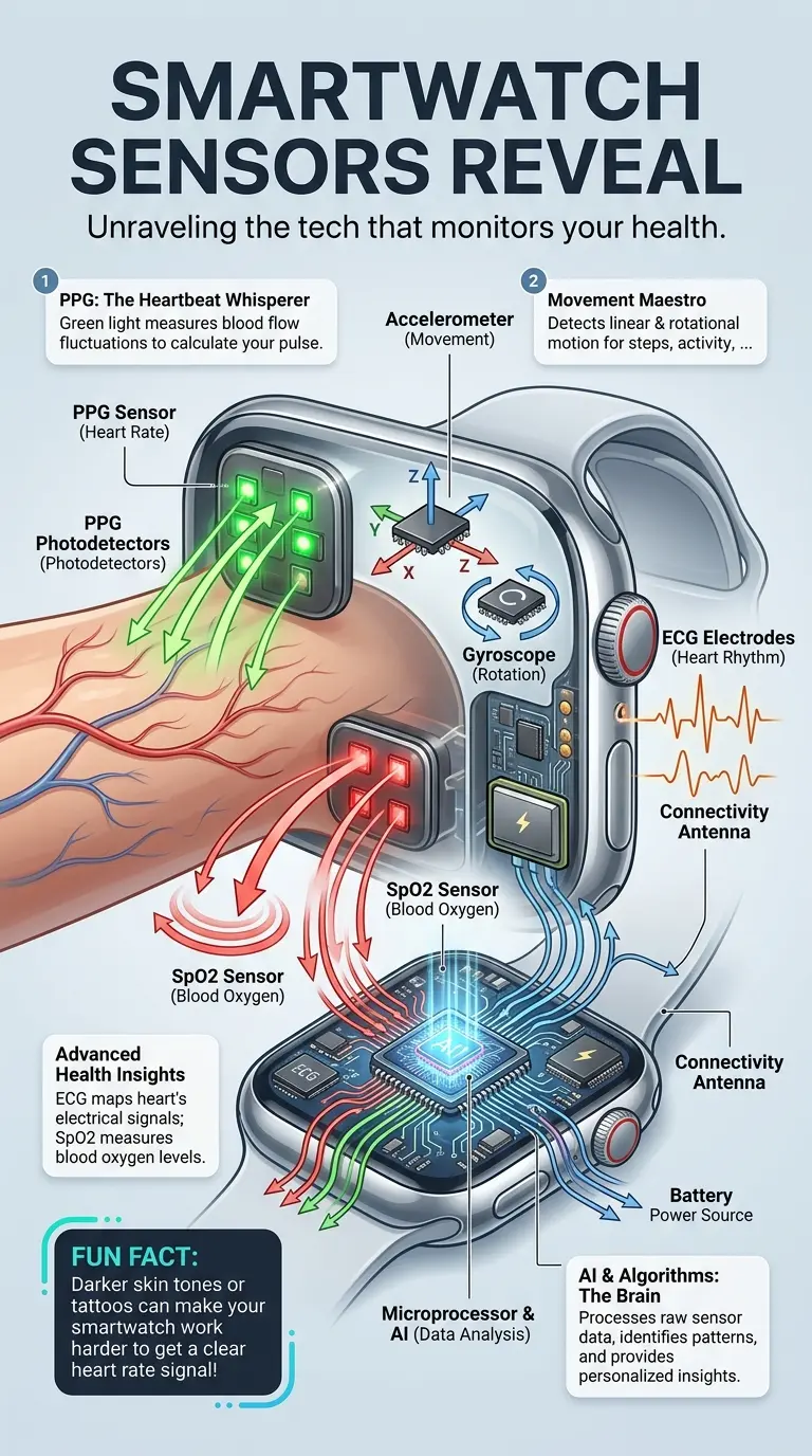 Infographic detailing the internal sensors and technology of a smartwatch, including Photoplethysmography (PPG), Accelerometer, Gyroscope, Electrocardiogram (ECG), SpO2 (Blood Oxygen Saturation), and Artificial Intelligence (AI), explaining how they monitor health data like heart rate, movement, sleep, and blood oxygen. Designed for understanding modern wearable tech and its health insights.