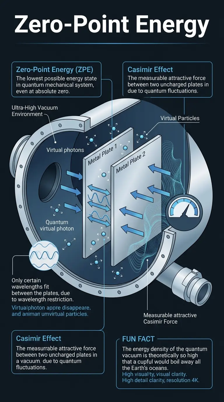 Infographic explaining Zero-Point Energy, the Casimir Effect, and the potential for harnessing vacuum energy. #ZeroPointEnergy #QuantumPhysics #FreeEnergy