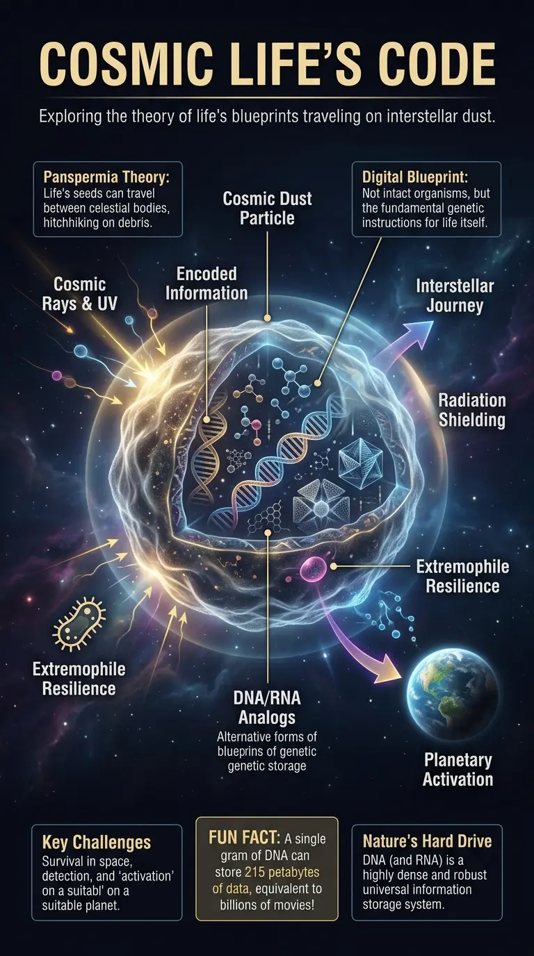 Infographic illustrating the panspermia theory, showing cosmic dust particles traveling through space, potentially carrying alien life's genetic blueprint or encoded information. Detailed labels explain DNA, astrobiology, interstellar travel, and the challenges of detecting and activating these cosmic seeds. The image features a central semi-realistic dust particle with internal molecular structures, surrounded by scientific explanations and arrows indicating information flow and cosmic phenomena, set against a dark, cosmic background.