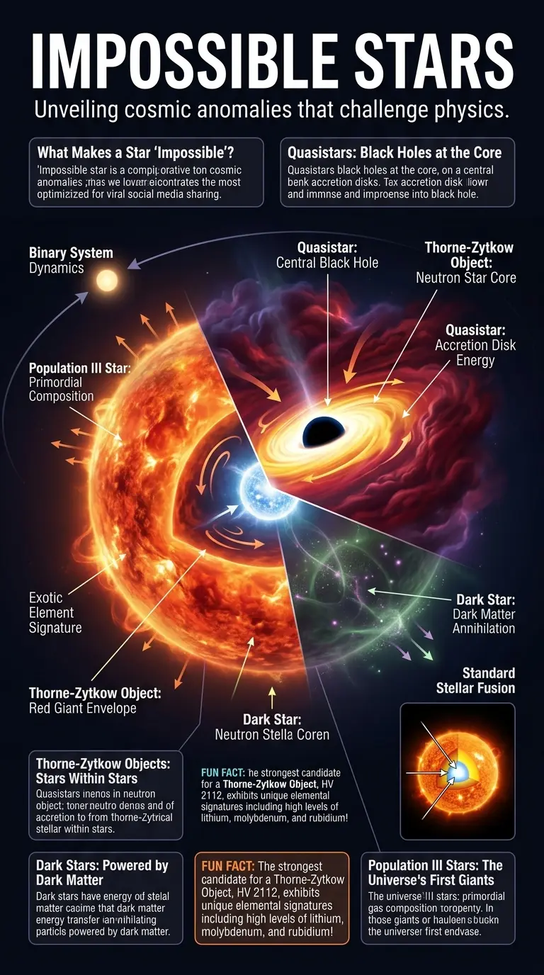 Educational infographic detailing 'impossible' stars like Quasistars, Thorne-Zytkow Objects, Dark Stars, and Population III Stars. Features a semi-realistic digital illustration of an anomalous star with labeled internal components, energy flows, and explanation boxes, designed for Pinterest to explain how these cosmic phenomena challenge our understanding of physics. Vertical 9:16 aspect ratio.