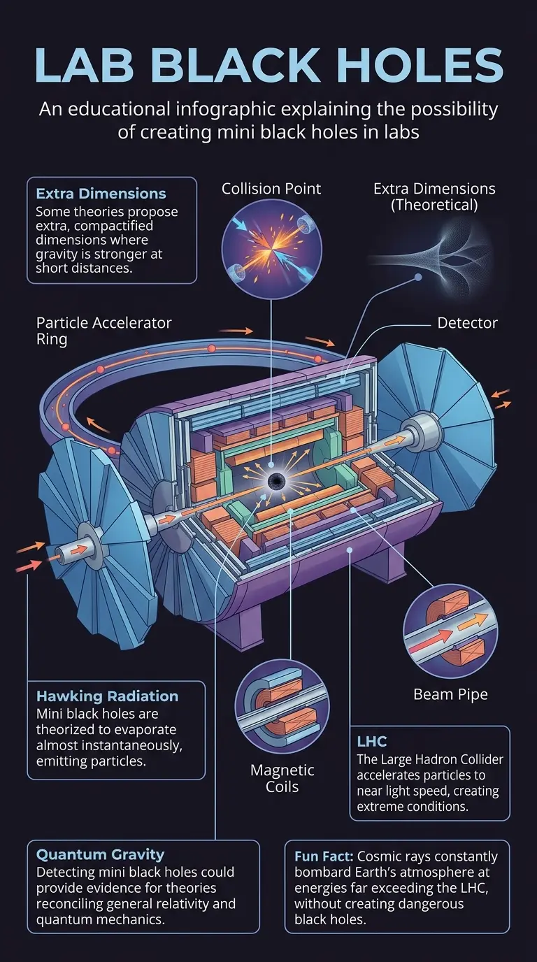 Infographic explaining the science behind lab-grown black holes, extra dimensions, and Hawking radiation, as theorized in high-energy physics experiments like those at the LHC.