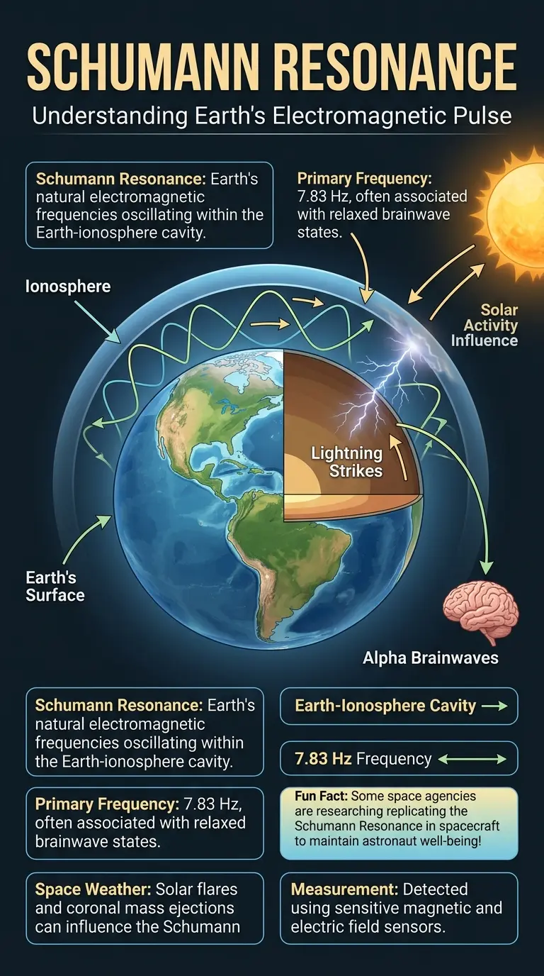 Infographic explaining the Schumann Resonance, its connection to Earth's electromagnetic field, brainwaves, and potential technological applications.