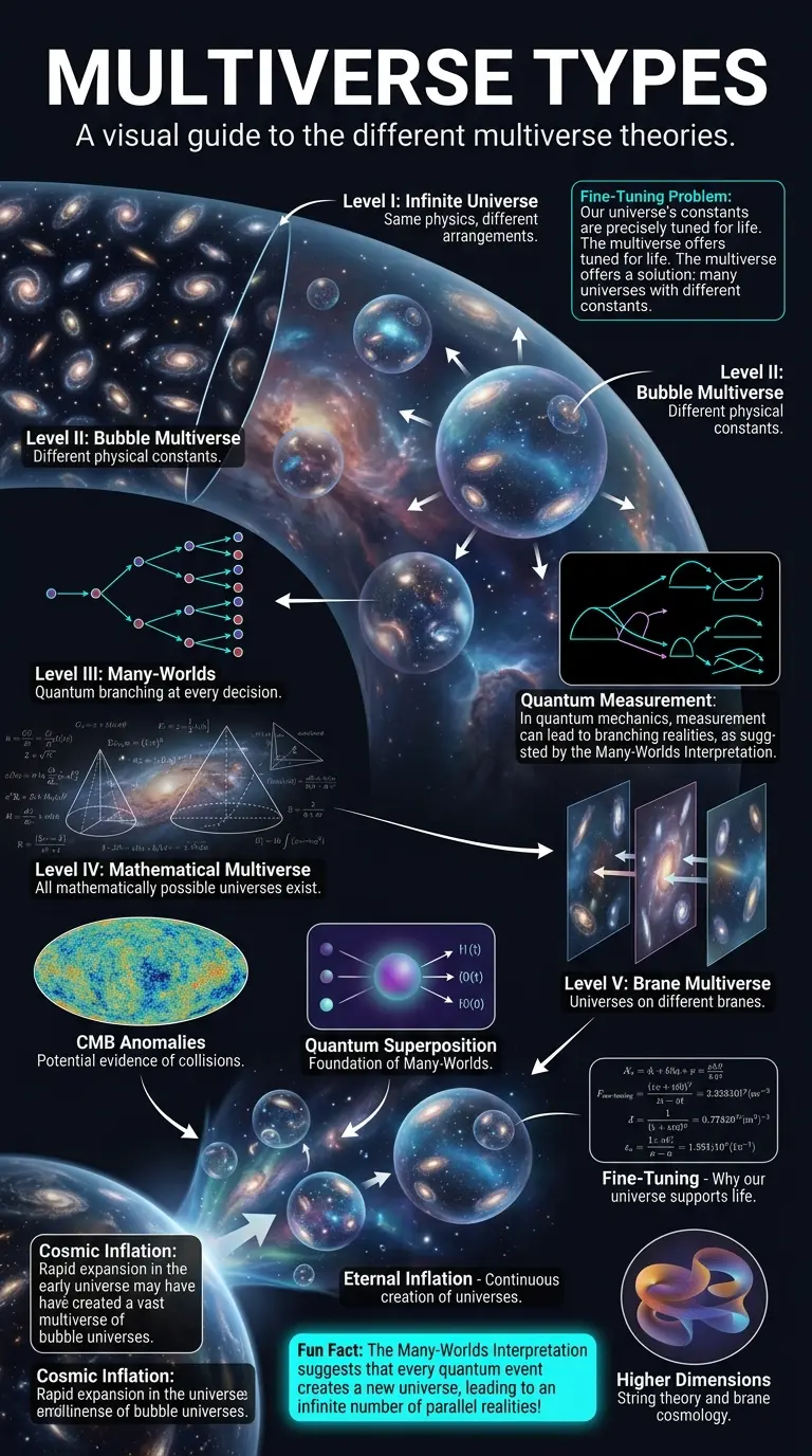 Infographic explaining the different types of multiverse theories (Level I, II, III, IV, V) with illustrations and descriptions.