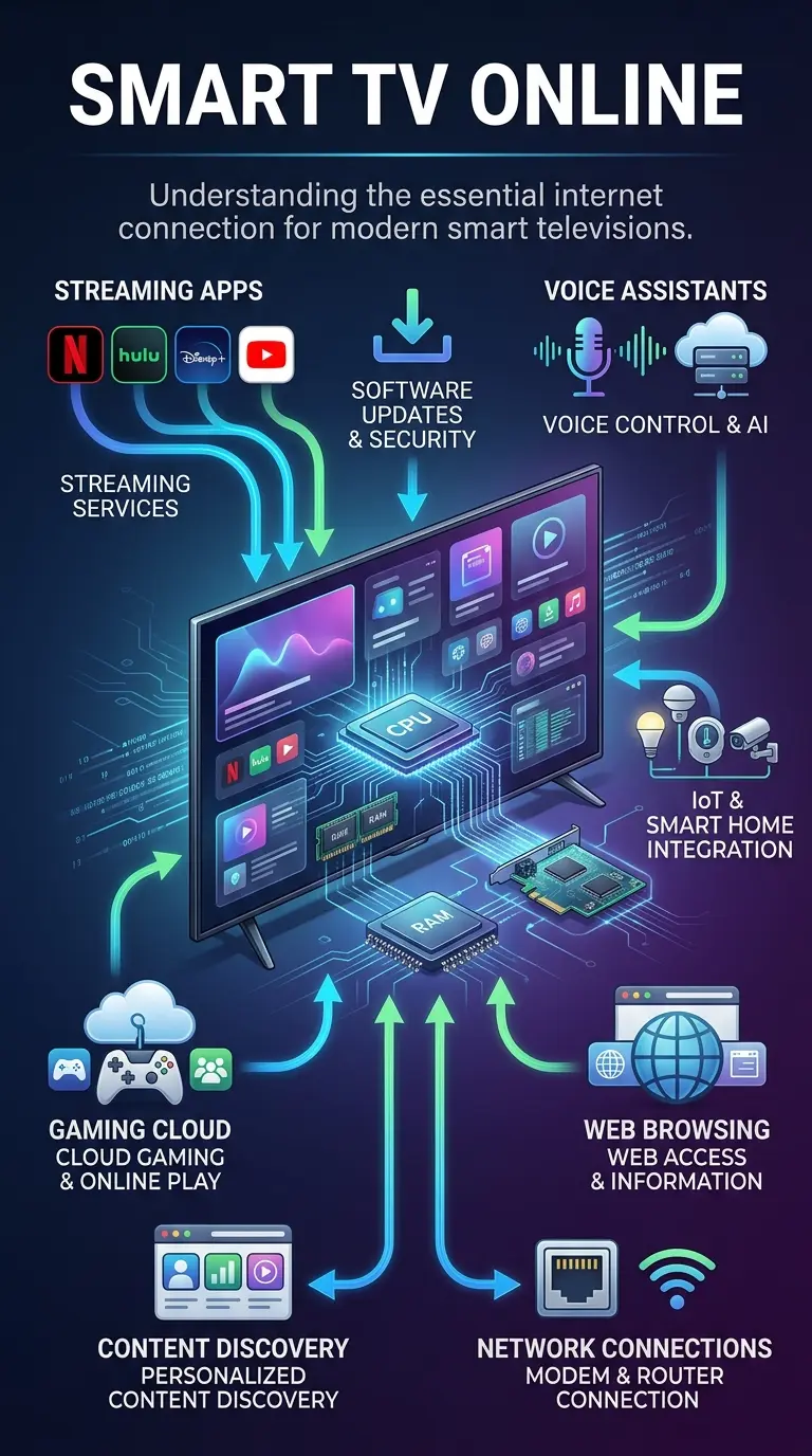 Infographic explaining why smart TVs require an internet connection, detailing features like streaming, app ecosystems, software updates, voice control, smart home integration, and data flow. Features a modern smart TV with internal components and data pathways on a dark background.