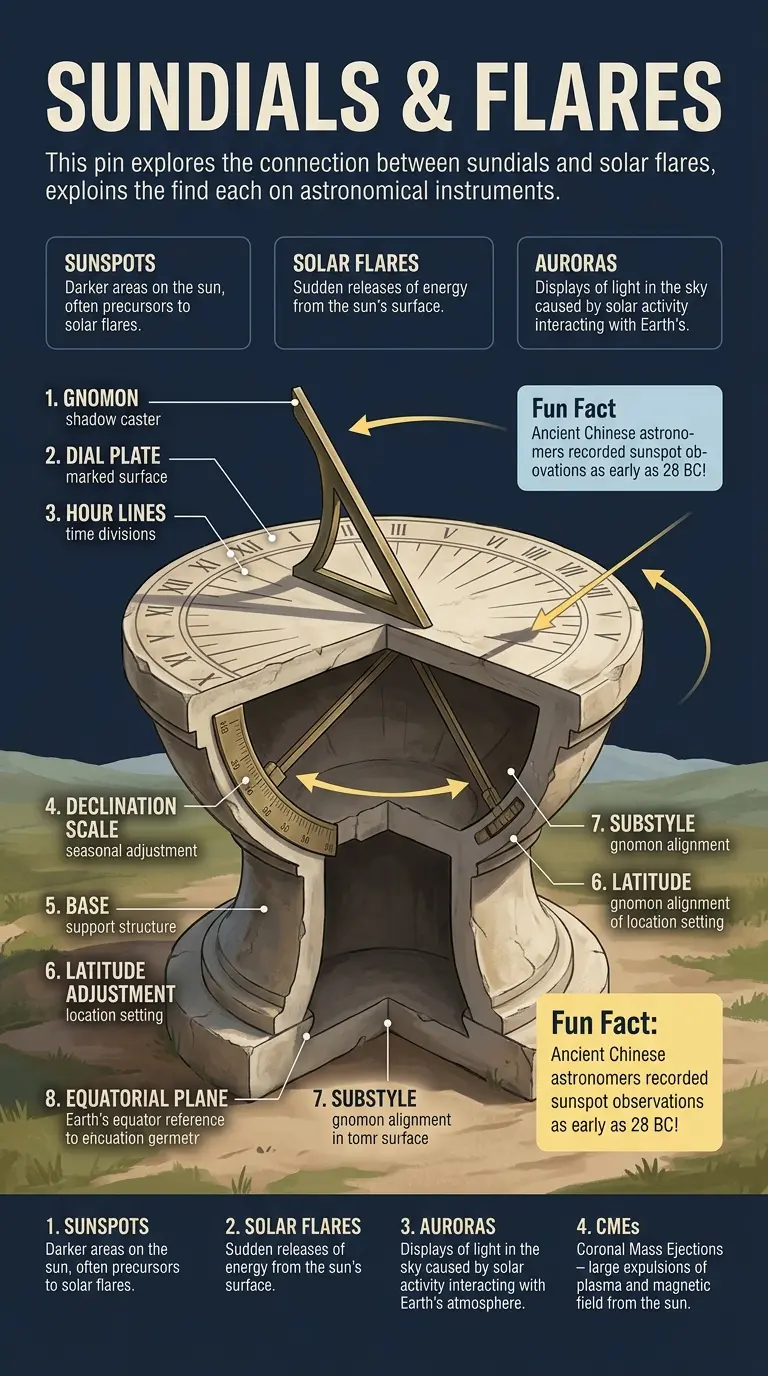 Infographic explaining the potential link between ancient sundial observations and solar flare prediction, featuring a cutaway sundial illustration and labeled components.