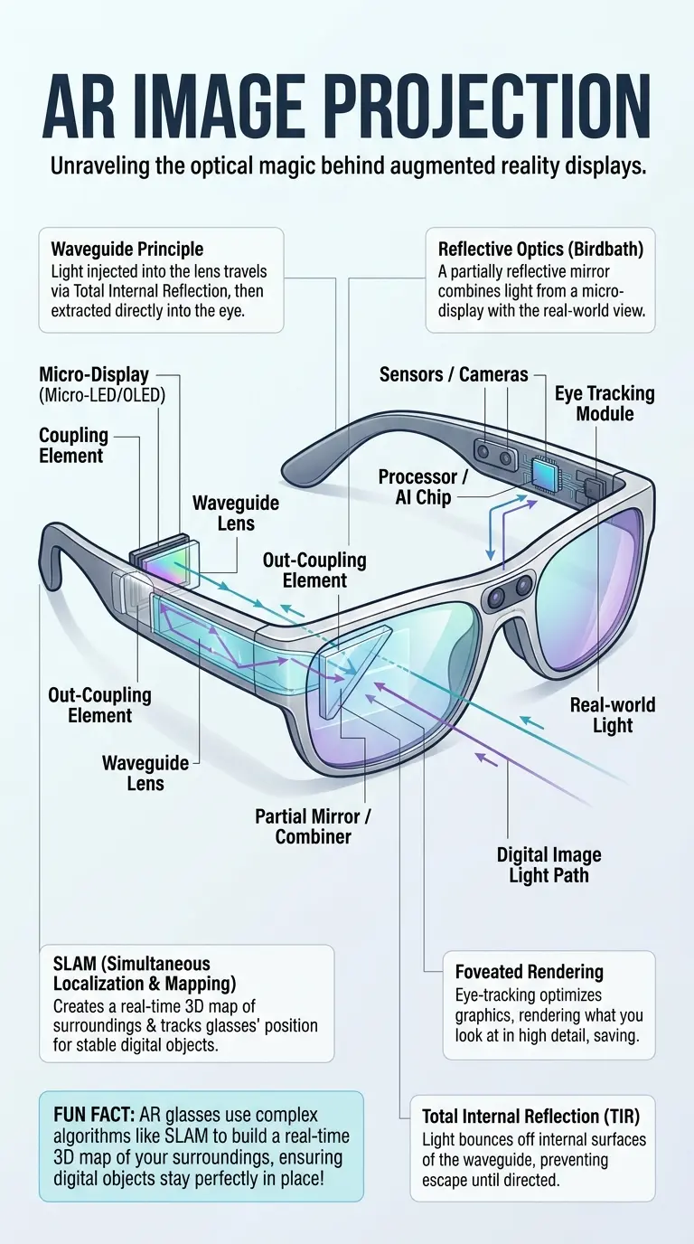 Educational infographic detailing the internal workings of augmented reality (AR) glasses, showing how digital images are projected onto the real world using waveguide and reflective optics. Features a cutaway view of AR glasses with labeled components like micro-displays, coupling elements, waveguide lenses, sensors, and processors. Includes directional arrows for light and data flow, and explanation boxes for key concepts such as SLAM, Foveated Rendering, and Total Internal Reflection. Designed in a vertical 9:16 aspect ratio with a clean, tech magazine style and a modern color palette.