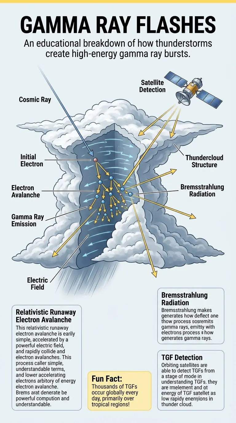 Infographic explaining Terrestrial Gamma-ray Flashes (TGFs) generated by thunderstorms, detailing the science behind these high-energy bursts and their detection.