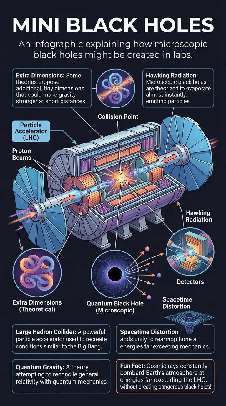 Infographic explaining the science behind creating microscopic black holes in laboratories like the Large Hadron Collider, detailing theoretical physics, extra dimensions, and Hawking radiation.