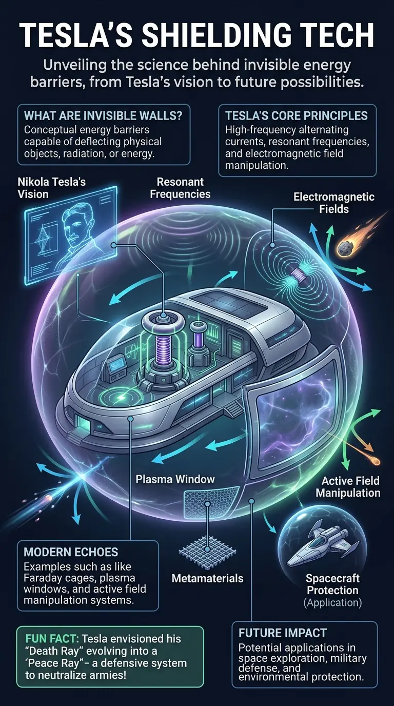 Educational infographic detailing Nikola Tesla's visionary concepts of invisible energy shields and their modern scientific echoes. Features a futuristic city protected by a shimmering force field, labeled components like plasma windows, electromagnetic shielding, and active field manipulation, with arrows showing energy flow and threat deflection. Designed for SEO, image galleries, and Pinterest.