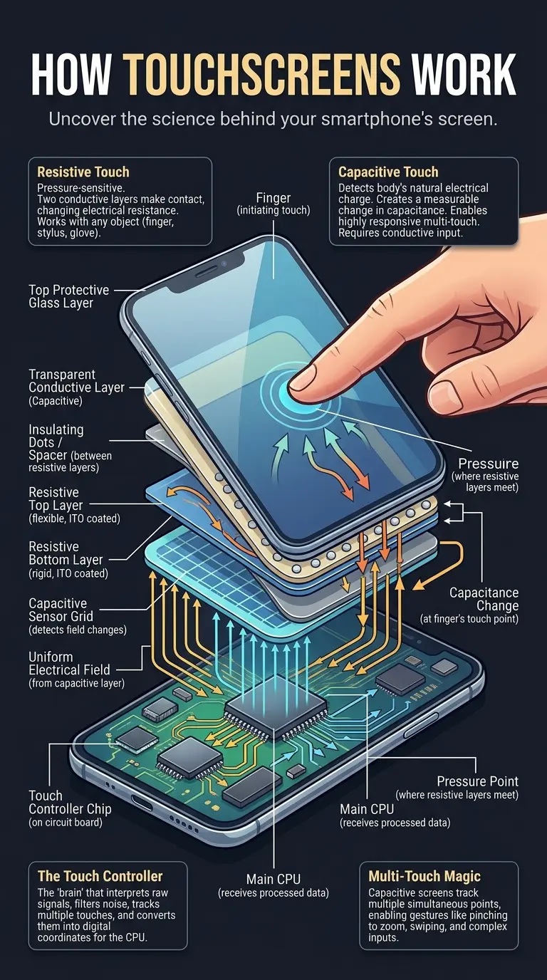Educational infographic explaining how touchscreens sense your finger, detailing the mechanisms of resistive and capacitive touch technology with a cutaway view of a smartphone screen, labeled components, explanation boxes, process flow, and a fun fact.