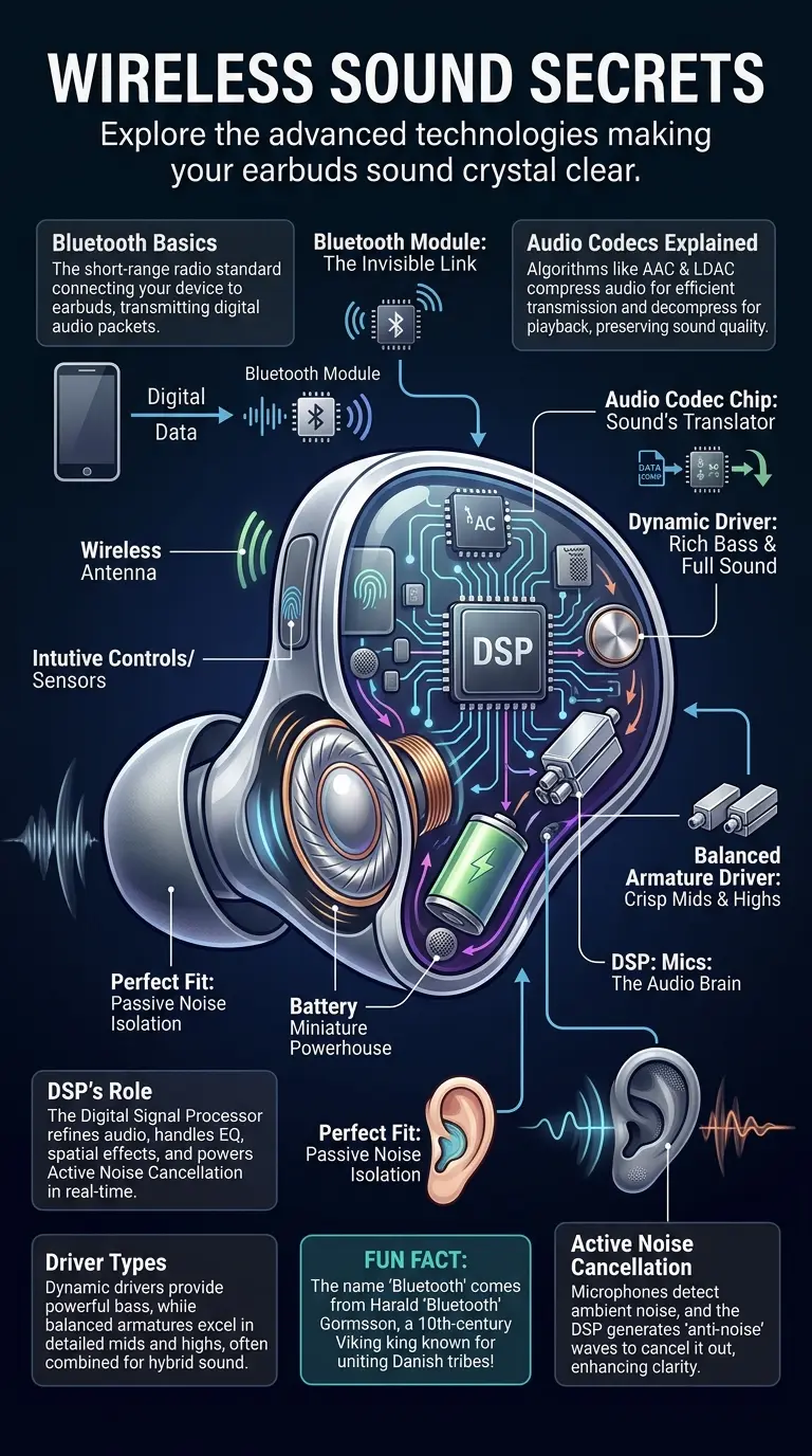 Educational infographic detailing the internal components and technologies responsible for crystal-clear sound in wireless earbuds. Features a cutaway view of an earbud, explaining Bluetooth, audio codecs, dynamic drivers, balanced armature drivers, Digital Signal Processing (DSP), and Active Noise Cancellation (ANC). Includes labeled parts, data flow arrows, key concept explanation boxes, and a fun fact. Optimized for SEO and image gallery indexing.
