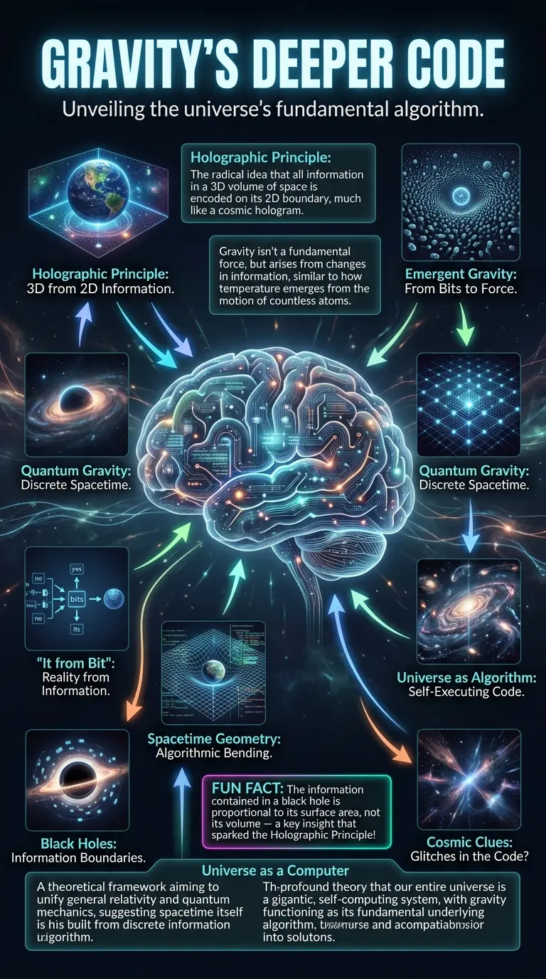 Educational infographic detailing the theory of gravity as a cosmic algorithm, exploring concepts like the Holographic Principle, Emergent Gravity, and Quantum Gravity. Features a central illustration of the universe as a computational network with labeled components, directional arrows, and explanatory text boxes, optimized for social media sharing.