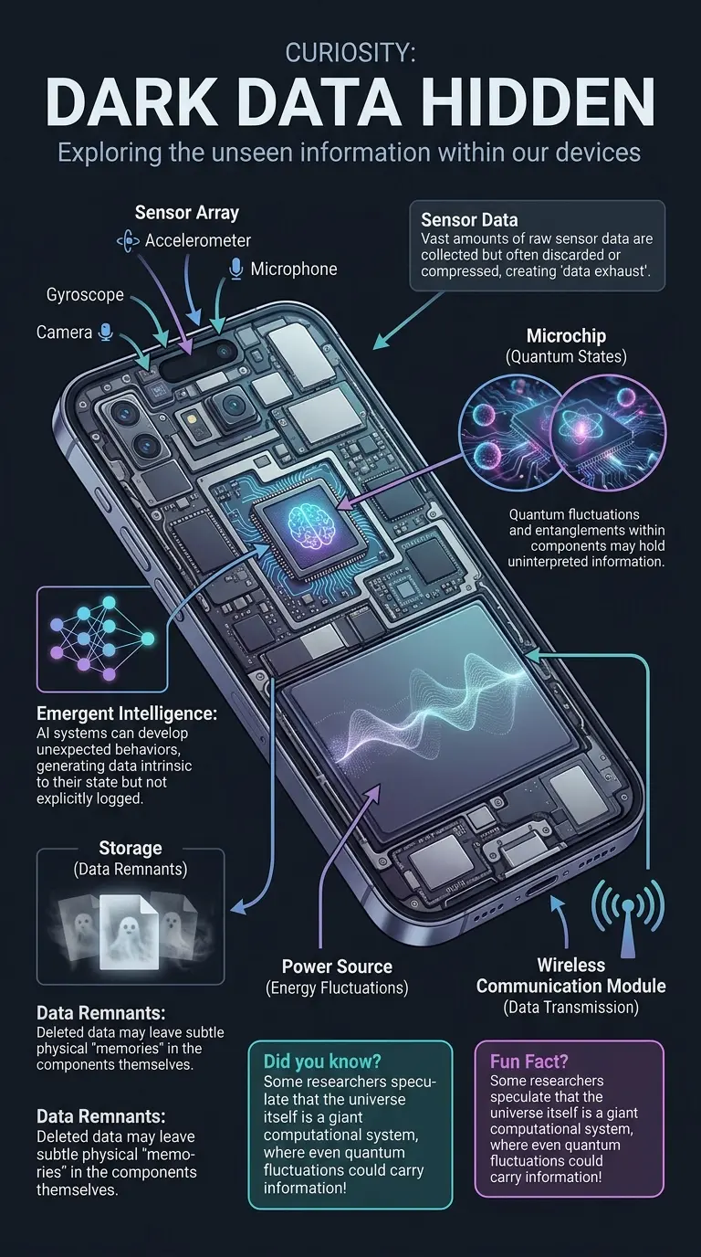 Infographic explaining the concept of dark data in electronics, including sensor data, quantum states, emergent intelligence, and data remnants. #darkdata #electronics #technology #infographic