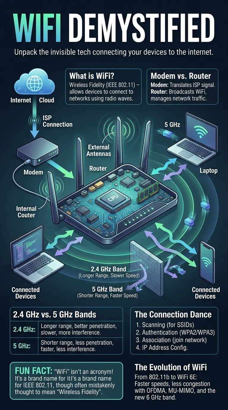 Detailed infographic explaining how WiFi works, including components like modems, routers, 2.4 GHz and 5 GHz bands, data flow, and connection steps. Ideal for understanding wireless internet technology.