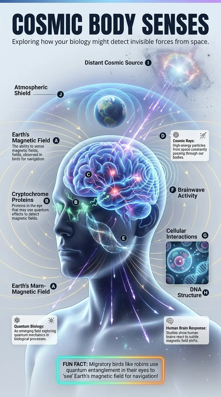Infographic detailing how human bodies might sense unseen cosmic signals like magnetic fields and cosmic rays through quantum biology. Features a stylized human head, cryptochrome proteins, brainwave activity, and labeled explanations of magnetoreception and quantum biology. Designed for SEO and image galleries.