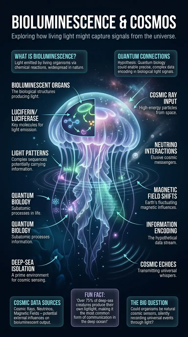 Infographic detailing how bioluminescent organisms might encode cosmic data from sources like cosmic rays, neutrinos, and magnetic fields, explaining the process of living light and its potential as a natural cosmic sensor.