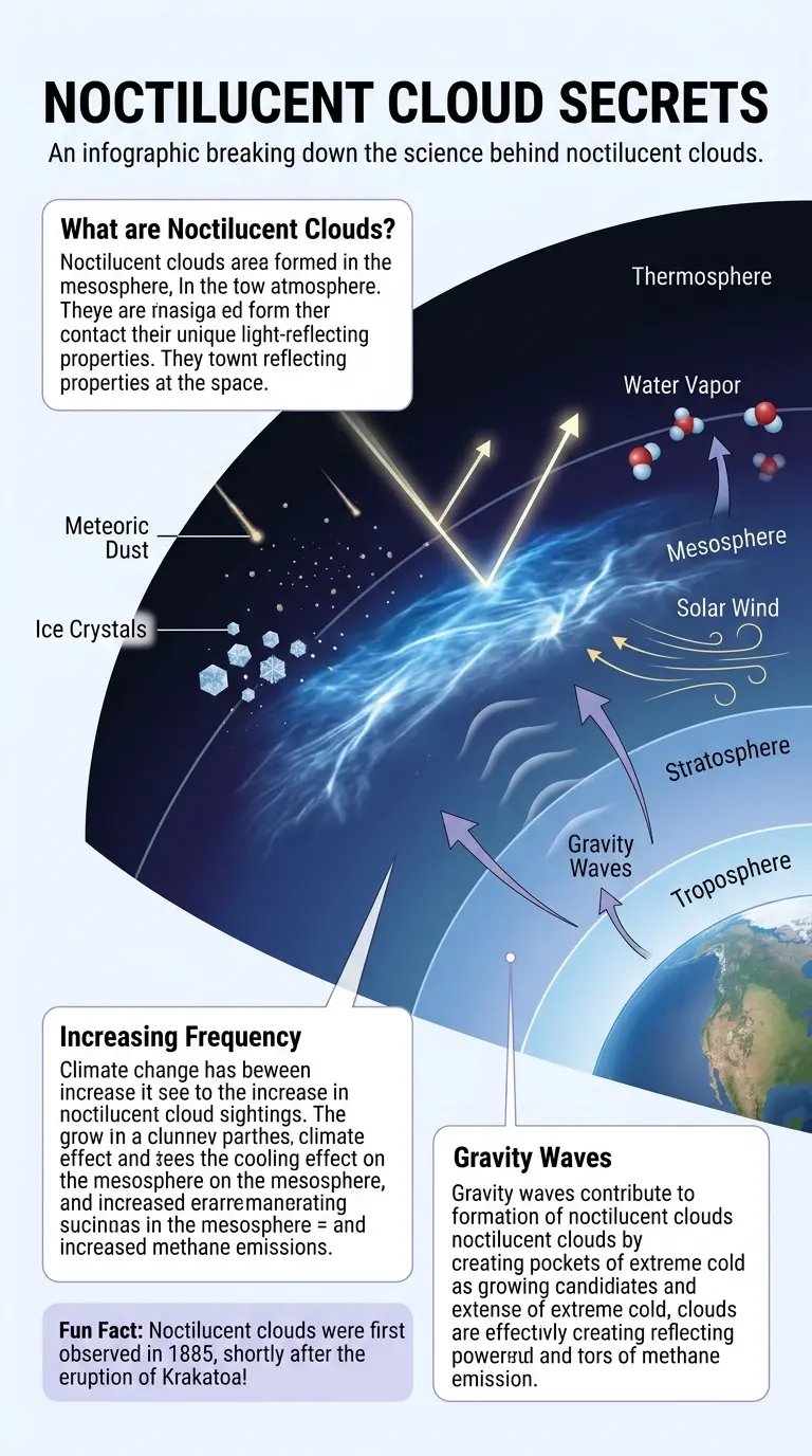 Infographic explaining the science behind noctilucent clouds, their increasing frequency, and their connection to atmospheric physics and climate change.
