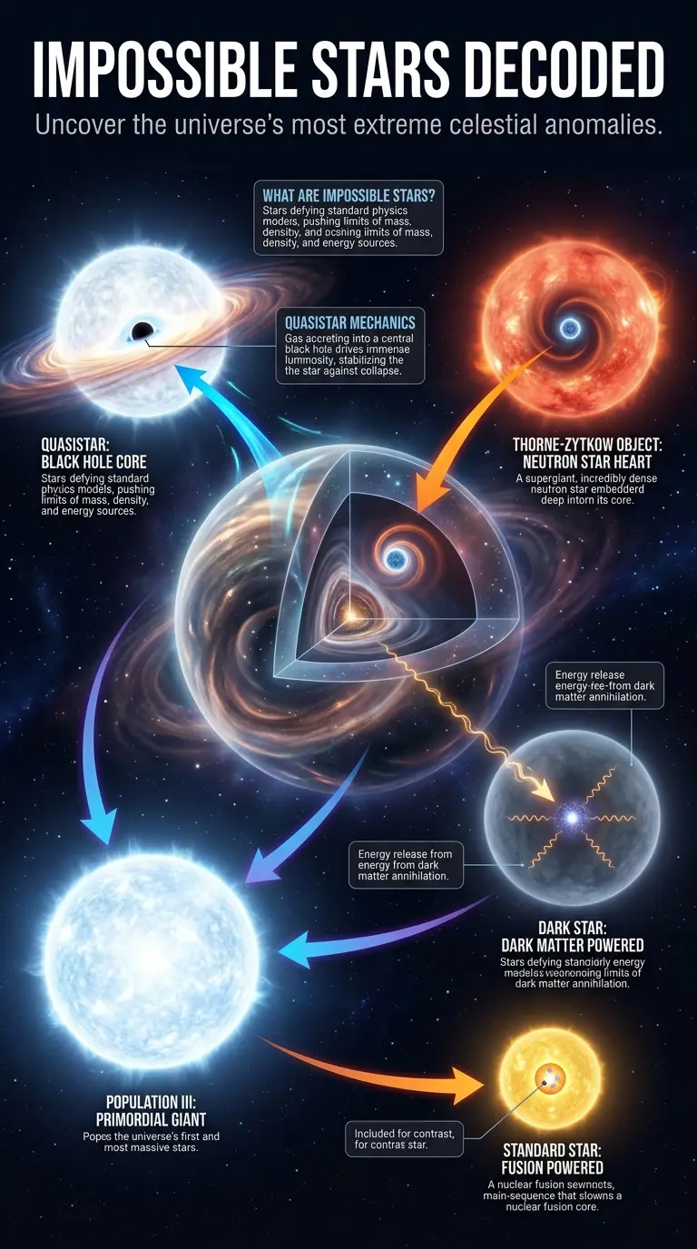Educational infographic detailing 'impossible stars' such as Quasistars, Thorne-Zytkow Objects, Dark Stars, and Population III stars. The visual features a central cosmic anomaly with labeled cutaway sections for each star type, explaining their unique structures, energy sources, and how they challenge conventional astrophysics, set against a deep space background for a Pinterest-style educational post.