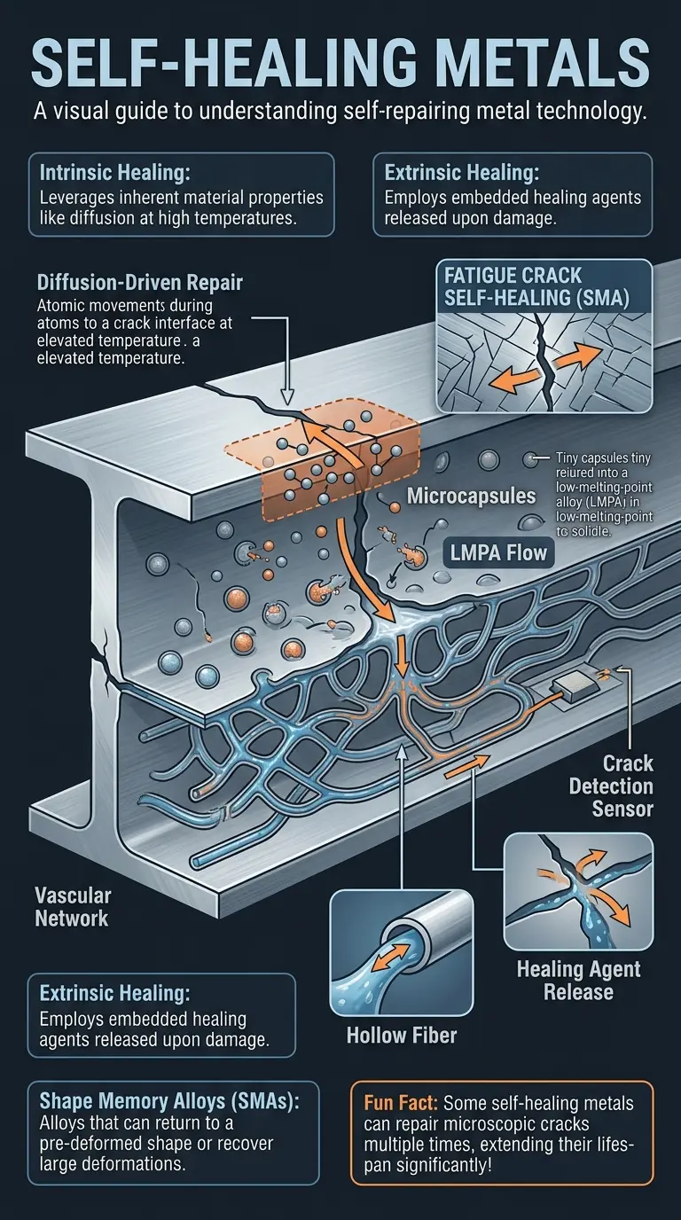 Infographic explaining self-healing metals, their mechanisms, applications, and challenges. #selfhealingmetals #materialsscience #engineering