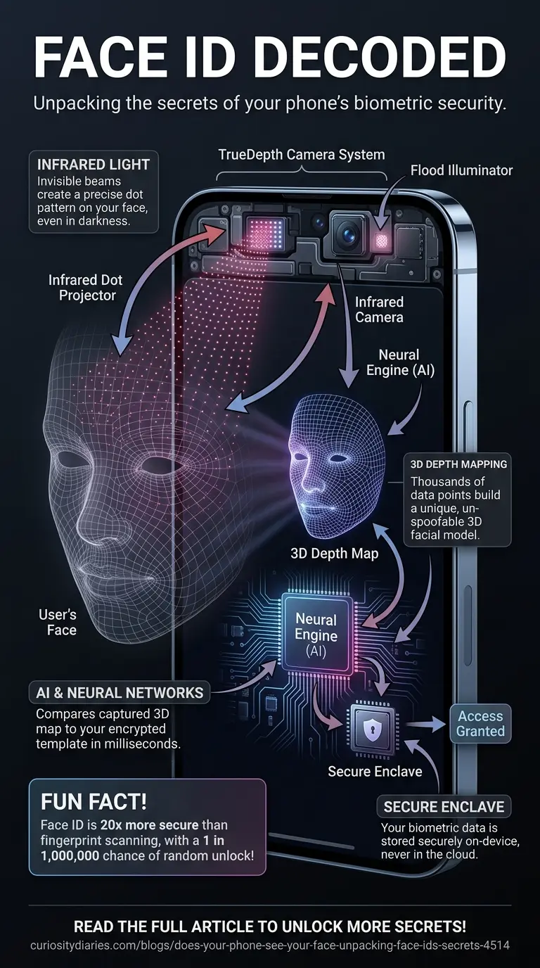 Detailed infographic illustrating the inner workings of smartphone facial recognition technology, specifically Face ID. Features a cutaway view of a phone's TrueDepth camera system, showing infrared dot projectors, infrared camera, neural engine, and secure enclave. Explains 3D depth mapping, AI processing, and secure biometric data storage using arrows, labeled components, explanation boxes, and a fun fact about security.