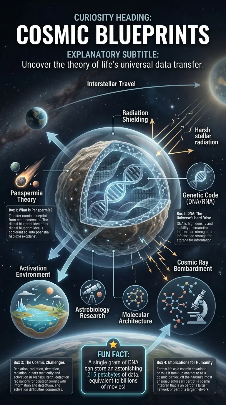 Infographic detailing the theory of panspermia, specifically how cosmic dust could carry alien life's digital blueprints, including DNA, across the universe. Features a central dust particle, labeled components like radiation shielding, genetic code, and interstellar travel, with arrows illustrating data transfer and planetary seeding. Visually explains astrobiology concepts for social media.