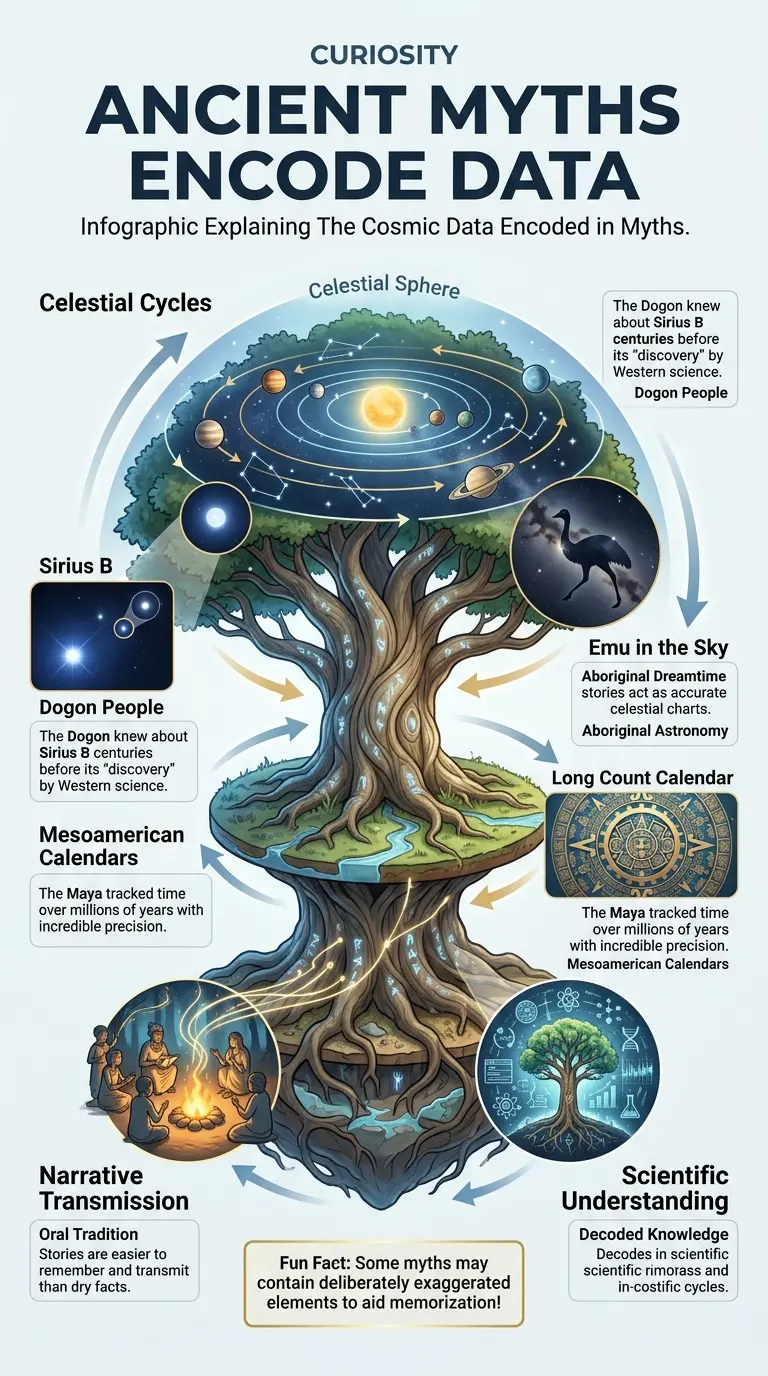 Infographic explaining how ancient myths may encode advanced cosmic data, including examples from the Dogon people, Aboriginal Australians, and Mesoamerican civilizations.