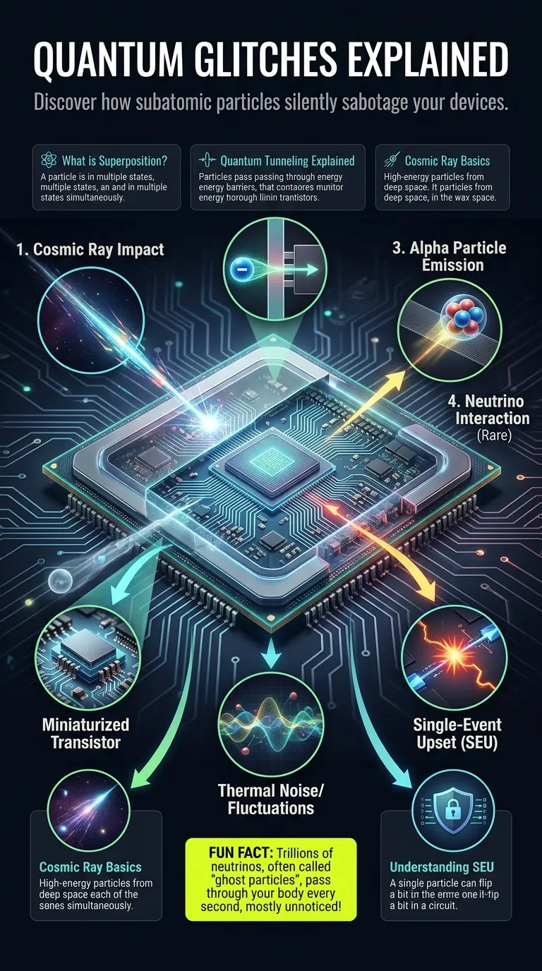 Infographic explaining how rogue quantum particles like cosmic rays, quantum tunneling, and alpha emissions cause glitches and errors in modern microchips, detailing single-event upsets (SEUs) and mitigation strategies.