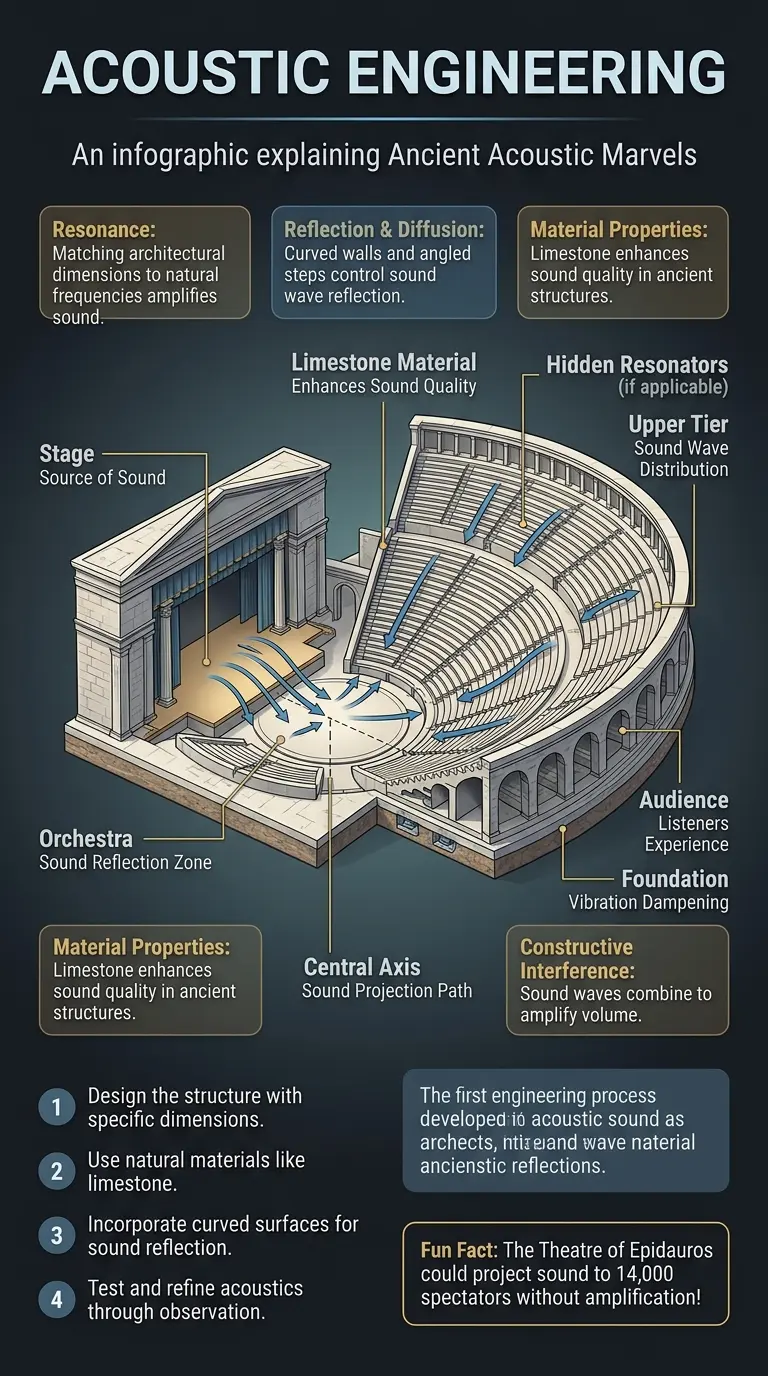 Infographic explaining how ancient architects engineered sound using techniques and knowledge lost to modern times, highlighting examples like the Theatre of Epidauros and Chichen Itza.