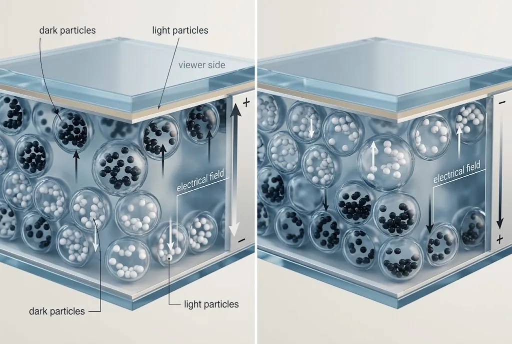 Cutaway diagram showing charged particles moving inside an E-Ink display